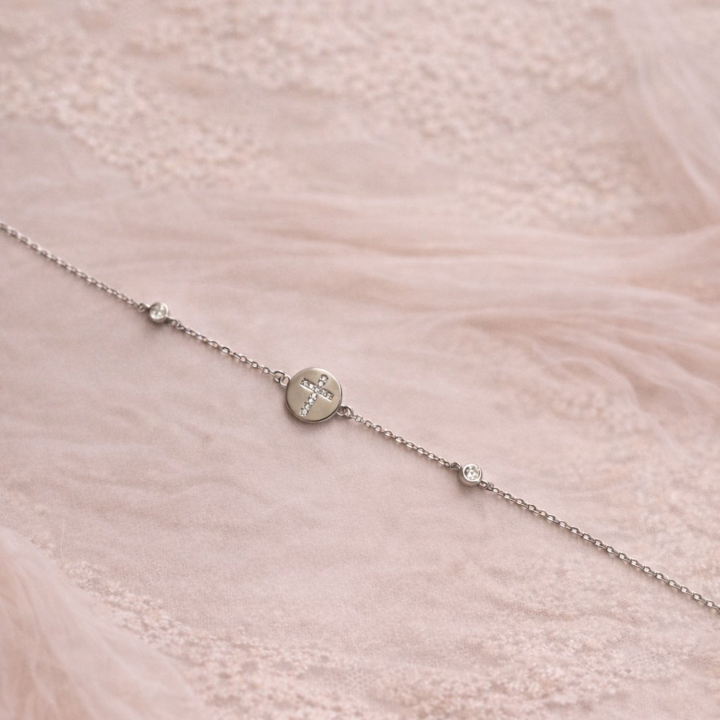 Sterling Silver Disc CZ Cross Bracelet