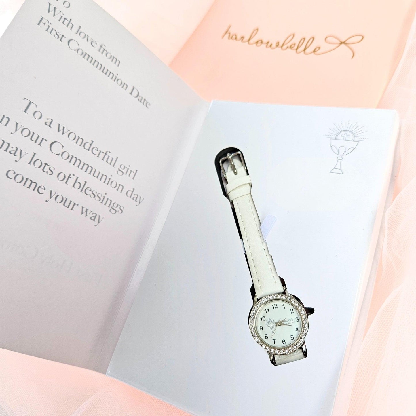 Girls First Communion watch white strap crystal face