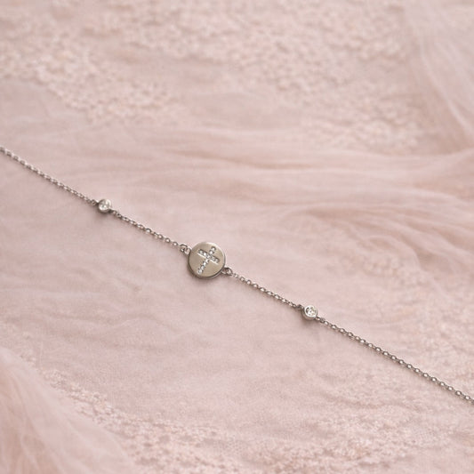 Sterling Silver Disc CZ Cross Bracelet
