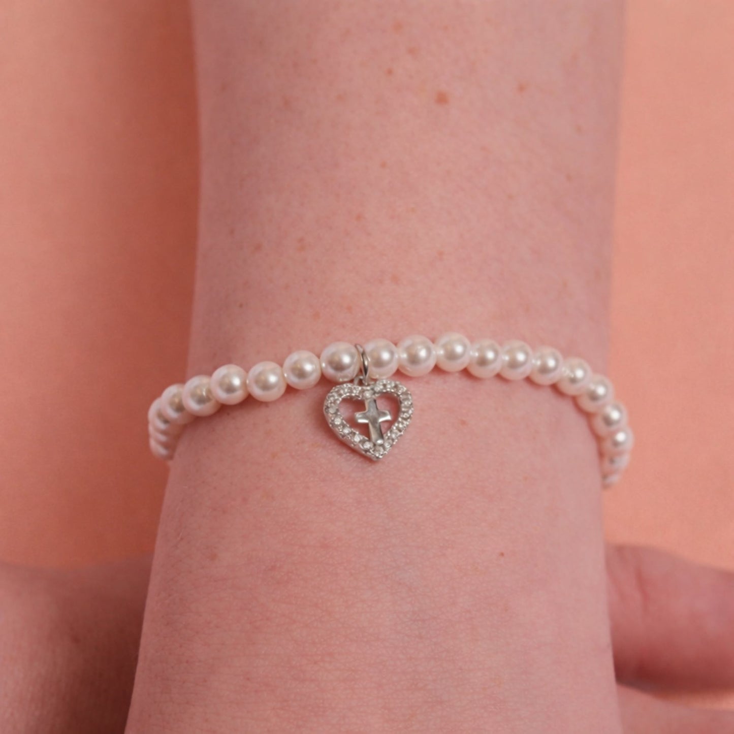 Pearl Heart Cross Bracelet