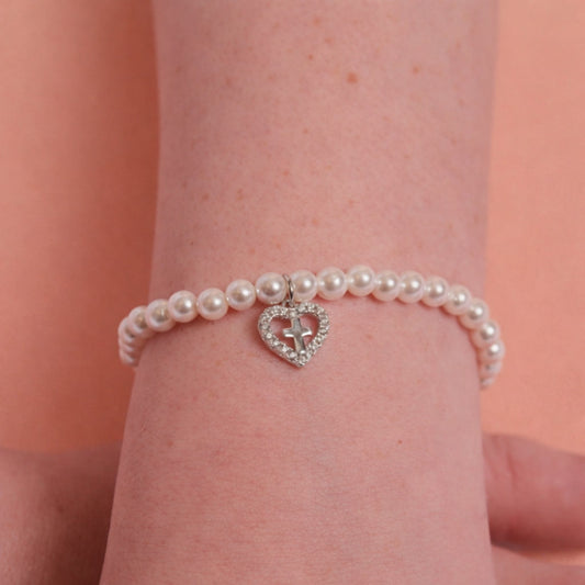 Pearl Heart Cross Bracelet