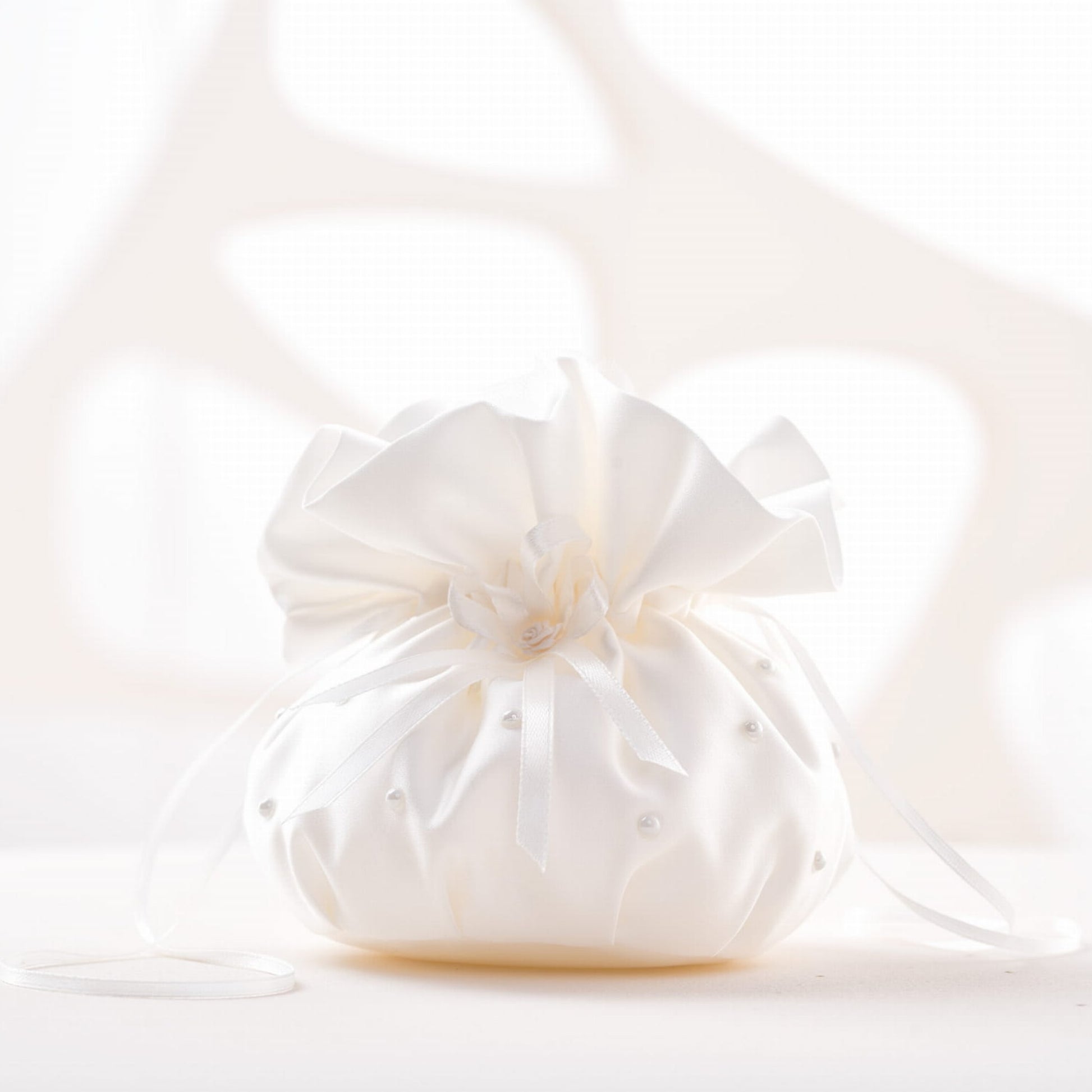 Ivory satin and pearl drawstring communion bag