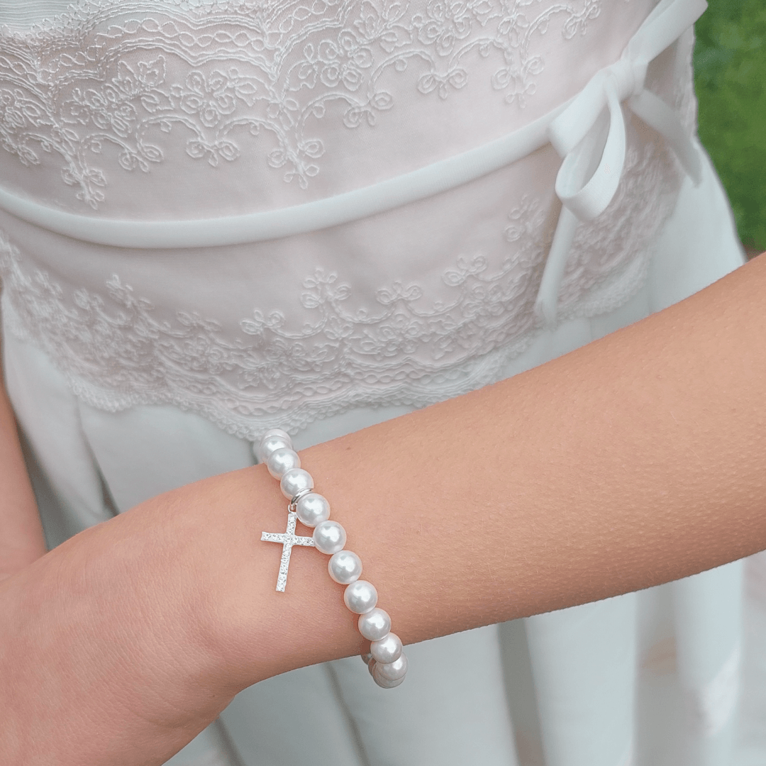 White Pearl Bracelet With Cross Charm - harlowbelle